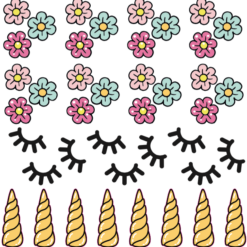 Stickers om mee te knutselen, bloemetjes, hoorns en sleepy eyes